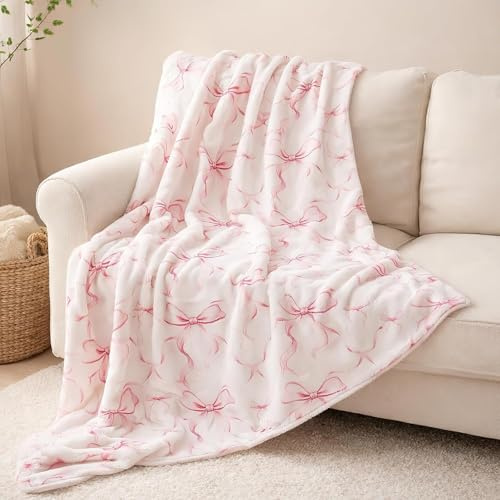 Rosa Schleifen-Kuscheldecke, 130 x 160 cm, Flauschig Sofa Überwurfdecke