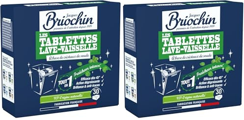 JACQUES BRIOCHIN - 30 tablettes Lave-vaisselle - Parfum Menthe - Action dégraissante, brillance et anti-trace - 93% origine naturelle - Fabrication Française - 30 tablettes (Lot de 2)