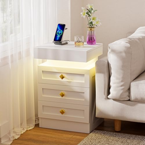 Ztexkee Table de Chevet avec Prise et Bande Lumineuse LED, Table de Chevet Style rétro Table d'appoint avec 3 tiroirs pour Chambre, Salon, Blanc
