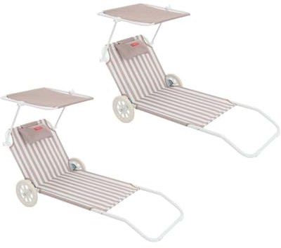 Flamingueo - Pack 2 Sillas Playa - Tumbona Plegable - 5 Posiciones - Parasol Ajustable UPF 50+ - Almohada Ergonómica - Convertible en Carrito de Transporte