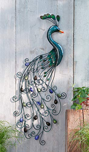 FRANK FLECHTWAREN , Wandhänger Pfau in romantischem Antik-Look mit originellen Farbsteinen glänzend la-ckiertes Metall, aufwändig gearbeitet, Hängevorrichtung
