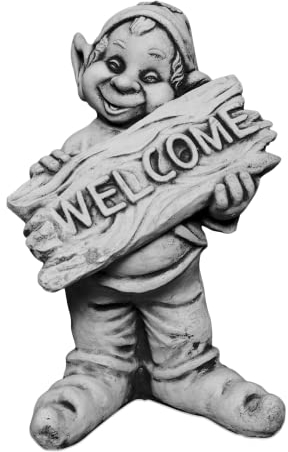 gartendekoparadies.de Gnom,Willkommen'', Steinfigur Wichtel, H. 48 cm, 19 kg, Grau, frostsicher aus Steinguss für Außenbereich