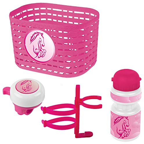 Ventura Unisex – Babys Horse Zubehörset für Kinderfahrrad, Korb, Glocke, Trinkflasche, pink