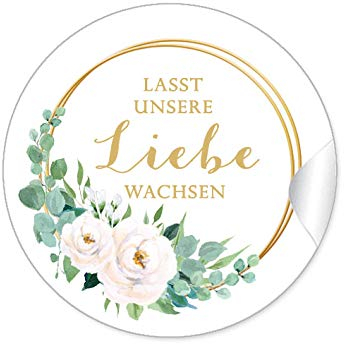 24 STICKER Lasst unsere Liebe wachsen Etiketten als Gastgeschenk mit weißen Rosen und Ringe in Goldgelb kein Echtgold für Samen Tüten Reagenzgläser Blütensamen zur Hochzeit Geburtstag Taufe