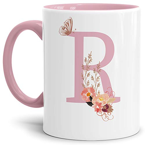 Tassendruck Buchstaben-Tasse mit Blumen - Buchstabe R - Innen & Henkel Rosa - Mug/Cup/Becher/Edel/Geschenk-Idee/Beste Qualität - 25 Jahre Erfahrung