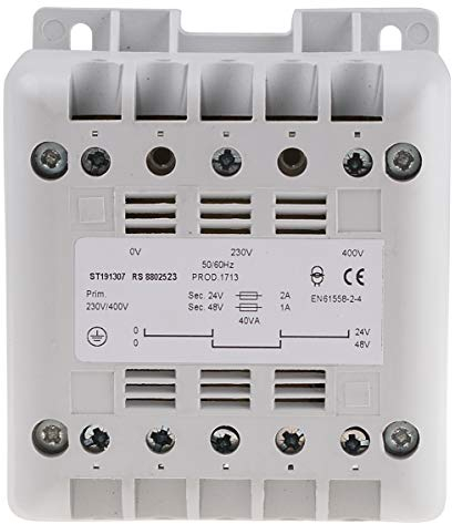 RS PRO DIN-Schienen-Trafo, 40VA, Primär 400V ac/Sekundär 24V ac DIN-Hutschiene, 106mm x 90mm x 87mm
