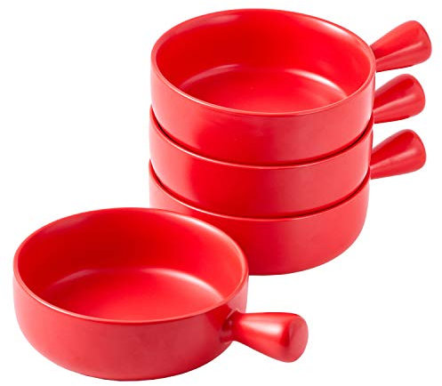 Bruntmor Keramik-Schüssel mit Griff, matt, Glasur, für französische Zwiebelsuppen, Backgeschirr, ofenfest, 15,2 cm Durchmesser, Rot, 4 Stück