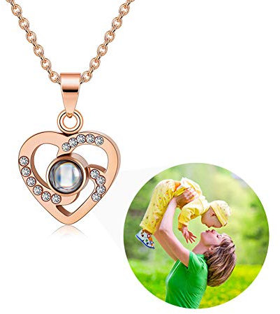 ZLHZW Personalised Picture Projection Necklace for Women - Custom Photo Love Heart Pendant - Customised Portrait Jewelry - Birthday Anniversary Memorial Gifts for Her-Rose Gold
