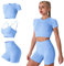IMEKIS Damen 3 tlg Fitness Set Sport-BH mit Crop-Top und Shorts Nahtlose Yoga Kleidung Fitness Workout Outfit Frauen Slim Fit Sommer Biker Activewear Laufanzug Blau S
