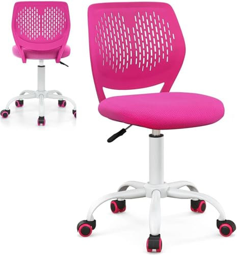 Maxmass Home Office Kids Desk Chair, Height Adjustable Computer Chairs with Gas Lift and Coloured PU Casters, Swivel Mesh Seat for Working and Studying (Rose)