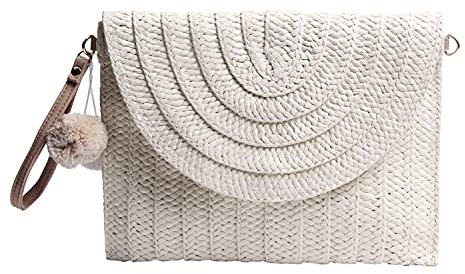 Syrads Bolso de mano de paja de noche para mujer Bolso de playa de verano Bolso de sobre tejido de paja,Beige 2