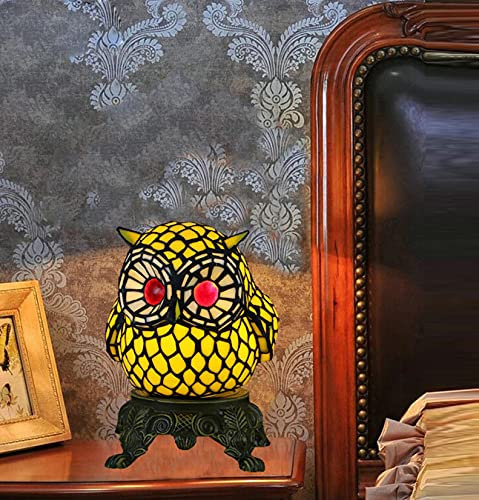 Tiffany Stil Buntglas Cartoon Eule Lampen Antike Tiere Verzieren Kinder Nachtlichter Nachttisch Lampe für Schlafzimmer Wohnzimmer Geschenk, Legierungsfarbe Base,Gelb