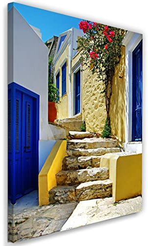 Feeby Vlies Leinwandbild XXL Treppe Enge Straße Altes Mietshaus Santorini 80x120 cm Wandbild Kunst Bilder Schlafzimmer Deko Wohnzimmer Fenster Bunt Blau Türen Griechenland Orange