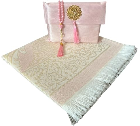 Muslimischer Gebetsteppich und Perlen Mit Elegantem Slub Stoffbeutel | Janamaz | Sajadah | Weicher Islamischer Teppich | Islamische & Mawlid Geschenke | Matte Taftstoff (Rosa)