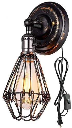 Schwarz Gold Innen Wandleuchte mit Schalter und Stecker Wandlampe Retro Industrial E27 Wohnzimmer Wand Leselampen 240° Schwenkbar Verstellbar Metall Vintage Wandstrahler mit 1,8m Kabel (1 Stücke)