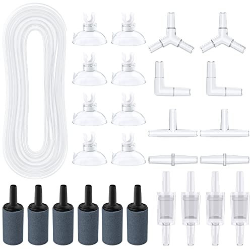 Pawfly Aquarium 7.5 M Airline Tubing Standard Air Pump Accessories Set with Air Stone Cylinders Connectors Suction Cups and Check Valves for Fish Tank Aeration Setup