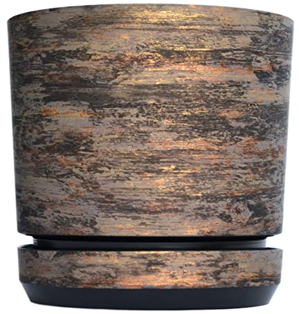 KORAD - Pot de fleurs avec soucoupe intégrée, décor 032, écorce rouille, diamètre 14 cm, pot pour plantes, en plastique, de haute qualité, décoratif avec trous de drainage