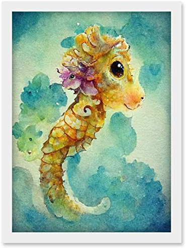 Doppelganger33 LTD Cute Baby Seahorse Kids Bedroom Watercolour Illustration Artwork Framed Wall Art Print A4