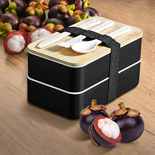 Bento Lunchbox für Erwachsene, 1360 ml Bambus-Lunchbox, japanischer Stil, auslaufsichere Lunchbox-Behälter mit Fächern und Besteck-Set für Kinder, Erwachsene, Schule, mikrowellengeeignet, schwarz