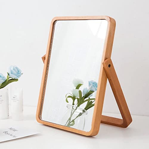 JJUUYOU Spiegel Großer tragbarer Kosmetikspiegel, Super HD Tischspiegel Schminkspiegel Multi Standwinkel Freihändig/Stehend/Tischplatte Faltbarer 360° Schwenkbar Bambus 26x18,5x1,8 cm