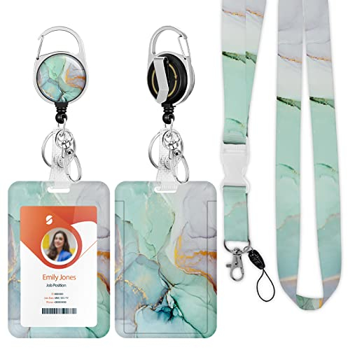 ID Badge Holder mit Lanyard, einziehbare ID Badge Card Holders Abnehmbare Hals Lanyard Strap mit Badge Reel und vertikale ID-Halter für Krankenschwester Studenten (Marble Light Green Golden)