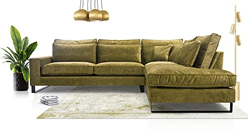 Ecksofa mit Kissen 90x310x224 cm CORBLACK Kollektion - Elegante Polstersofa - Große Couch L Form für Wohnzimmer Freistehendes L-Sofa - Eckcouch 4 Sitzer Grün Rechte Seite