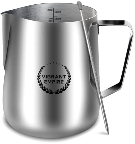 Vibrant Empire Milk Frothing Pitcher, 20OZ (600ml)– Stainless-Steel Milk Frother Cup with Latte Art Pen– Measurement on Both Sides– Rust-Resistant Frothing Pitcher for Milk, Cappuccino (20oz)