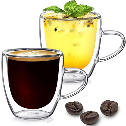 TKNO 90ml Double Walled Glass Espresso Mug Cups with Handle, Set of 2 Hollow Insulated Vacuum Sealed Espresso Glasses, Hand Made, Heat Resistant, Microwave Safe Drinking Glasses