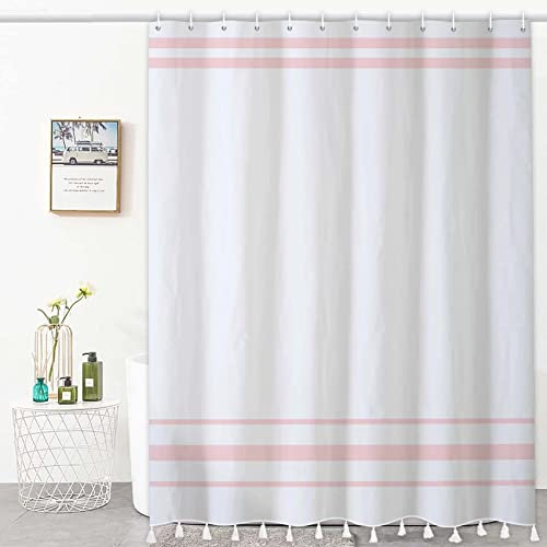 Bovlleetd Tenda da Doccia Rosa Boho a Righe Minimalista Moderna con Nappe per Bagno - Tessuto Impermeabile per Decorazione 183x198cm