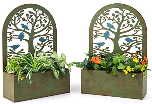 COSTWAY Set de 2 Camas de Jardín Elevadas Decorativas, Cajas de Plantas de Pared con Enrejados, Cama Elevada de Metal para Plantas Trepa, Macetero Exterior o Interior para Patio o Balcón (Oval)