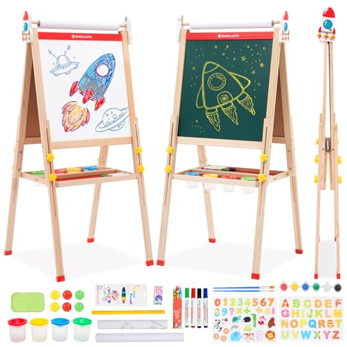 Chevalet Peinture Enfant,3 en 1 Tableau de Dessin Double Faces en Bois Pliable,Chevalet d'art réglable en hauteur avec papier à rouler graffiti colorable,Jouets Éducatifs Cadeaux Enfants 3+ Ans