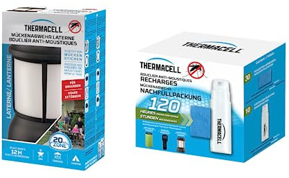 THERMACELL Lampe + Recharges Anti Moustiques et Moustiques Tigres - Extérieur, Jardin, Terrasse - Sans Fil - Zone de Protection 20m² - Inodore - 11 Cartouches Gaz + 33 plaquettes - Durée 132h - Noir