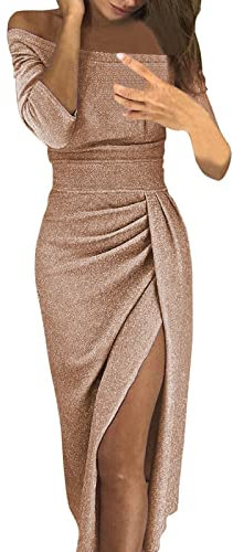 Robe de soirée élégante à épaules dénudées - Manches 3/4 - Plissée - Coupe ajustée - Sexy - Élégante - Pour mariage - Robe tunique, Or rose, M