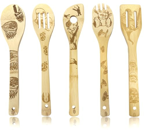 Anime Kochlöffel, Anime Kochutensilien, Anime Idee Geschenk Kochutensilien, Ubephant 5 Stück Bambus Utensilien Kochutensilien Set, Kochlöffel Spatel Bambus Pfannenwender Set für Kochen