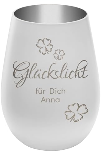 Windlicht mit Gravur Glückslicht - personalisierbar mit Wunschtext - Weiss/Silber - Höhe 12 cm - Geschenk Teelichthalter graviertes Kerzenglas