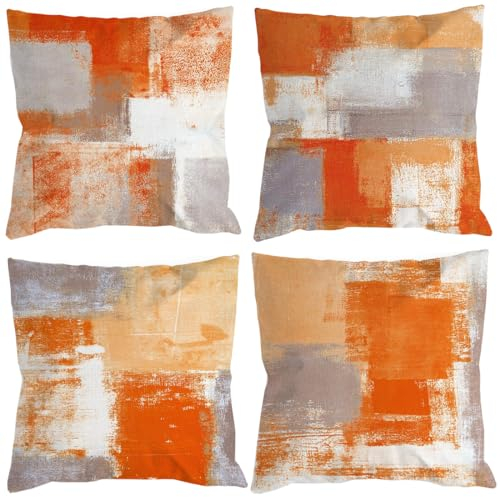 Orange Grau Kissenbezug kissenbezüge 40x40 4er Set Dekokissen Modern Sofakissen Leinen Kissenhülle Abstrakte Gemälde Deko Kissen Aesthetic Couchkissen Kuschelkissen für Sofa Wohnzimmer Zierkissen