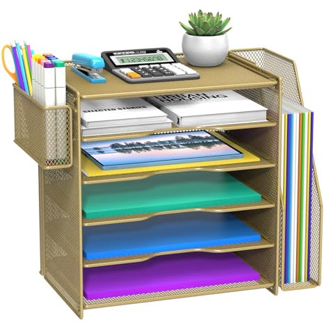 Samstar Organiseur de bureau, bac à courrier avec 5 étagères, 1 porte-revues vertical supplémentaire et porte-stylo, doré