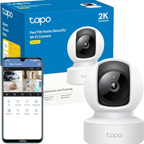 Tapo C212 Pan/Tilt Indoor Camera, 2K 3MP Security Camera, No Monthly Fee, Smart Motion Person Detection, Ethernet or Wi-Fi Connection, Advanced Night Vision,Two-way Talk, Works With Alexa & Google
