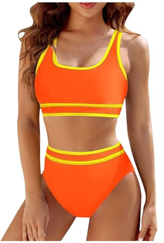 Maillot de Bain Bikini Femme 2 Pièces Amincissant Rayures Maillot de Bain Femme Débardeur Brassière avec Short de Plage Taille Haute Sport Natation Piscine Vacances (L, Orange)