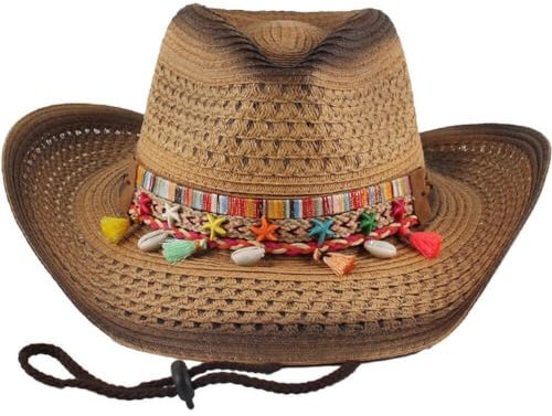 Muteitt Chapeau De Cowboy Occidental avec Ficelle pour Femmes Hommes, Chapeau De Paille De Protection D'été, Chapeaux De Plage À Large Bord, Chapeau Occidental