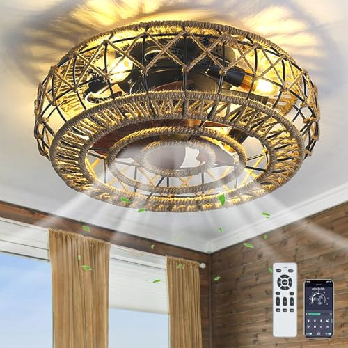Lrenjon Retro Ventilador De Techo Con Luz Y Control Remoto 6 Velocidades Reversible Silencioso Timer 46cm Lampara Ventilador Techo E27 SogaPara Dormitorio Salon Rústico