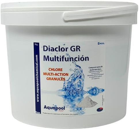 Chlore Multi Actions Granulés - Traitement Complet Piscine, Eau Claire, Désinfection et Prévention/Efficacité Longue Durée, Entretien Tout-en-Un, Chlore Multi Actions Clarifiant 1kg et 5kg (5KG)