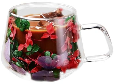 MISNODE Verre à Fleurs à Double Paroi, Tasses à Café avec Poignée, Tasses à Thé, Tasse à Thé, Tasse à Lait, Tasses à Café en Verre Transparent à Double Paroi, Tasses en(D-Rouge, Vert)