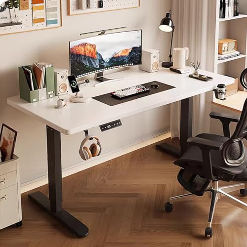 DETMOL Höhenverstellbarer Schreibtisch 71.8-116.8 cm, Einfache Montage Mit 3 Memory-Steuerung Und Memoboard, Mit Kopfhörerhaken Und Getränkehalter, Weiß