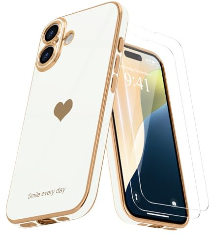 Teageo for iPhone 16 Case with 2 Screen Protector Heart Pattern for Women Girls Luxury Bling Plating Soft TPU Anti-Scratch Shockproof Bumper Phone Case for iPhone 16, White