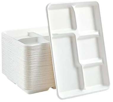 iPEAK 50Pcs Disposable Plates with 5 Compartments, Biodegradable Bagasse Paper Dishes Trays Natural Recyclable Ideal for Birthday, Anniversary, BBQs, Picnics, Parties Suitable for Hot & Cold Food
