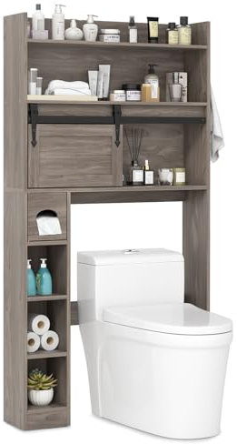 COSTWAY Over Toilet Storage Unit, Freestanding Bathroom Space Saver with Sliding Barn Door, Toilet Paper Holder and Adjustable Shelves, Wooden Above The Toilet Cabinet Organizer Rack (Grey Oak)