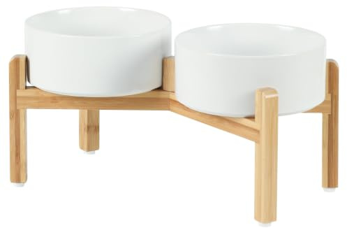 Havniva Dog Bowls Elevated, Ceramic Dog Food and Water Bowl Set | 18.5 cm Raised Dog Food Bowl, Elevated Dog Bowls with Bamboo Stand, Non-Slip Dog Water Bowl for Medium Dog, Large Capacity