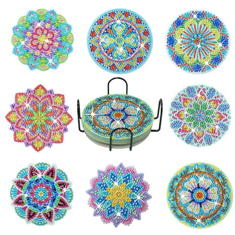 janeunique Untersetzer Gläser-8er Keramik Untersetzer Set,Painting Untersetzer mit Halter für Gläser,Glasuntersetzer, Bar, Tassen, Tisch deko und Deko wohnzimmer–Elegante DIY Diamant-Tassenuntersetzer