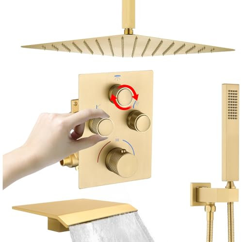 12 Inch Rain Mixer Shower System with Waterfall Tub Spout Square Ceiling Mount Rainfall Shower Head with Thermostatic Mixing Valve Kit and Trim Control Flow and On-Off Simultaneously Brushed Gold